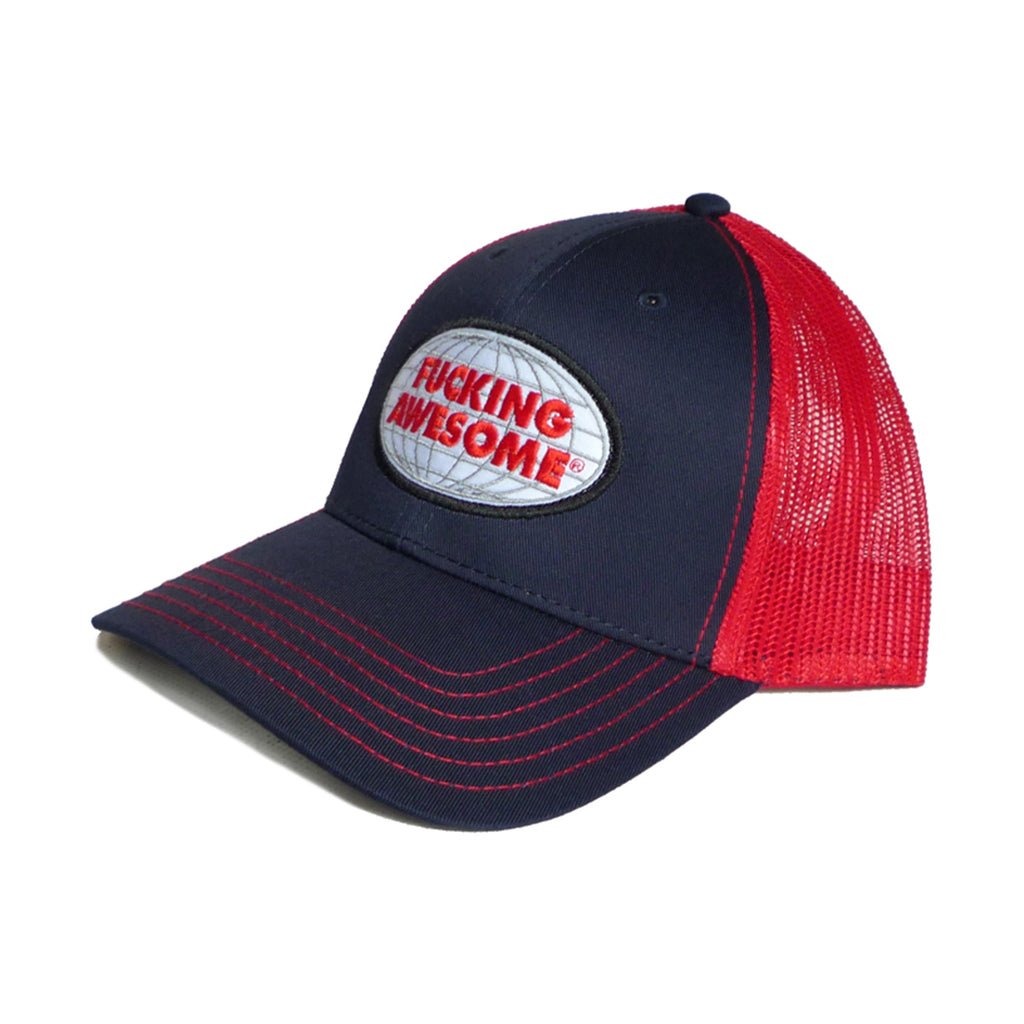 A FUCKING AWESOME MECHANICS 6 PANEL MESH HAT NAVY / RED with the phrase "FUCKING AWESOME" embroidered on the front patch.