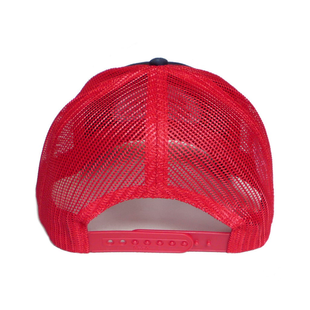 Close-up view of the back of a red mesh FUCKING AWESOME MECHANICS 6 PANEL MESH HAT NAVY / RED with an adjustable strap, snap closure, and embroidered artwork.