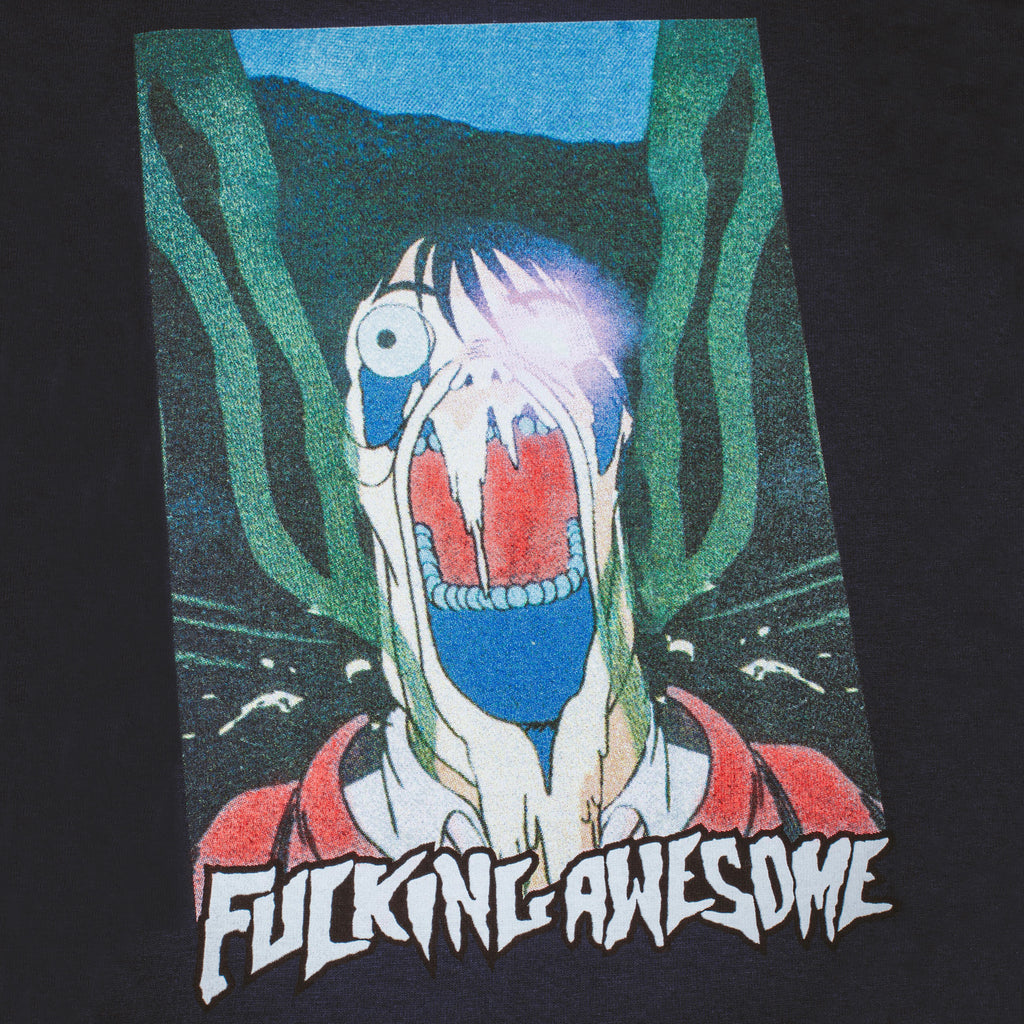 A graphic image of an exaggerated, screaming face with wide eyes and open mouth, set on a BLACK background, with the phrase "FUCKING AWESOME SHINJUKU TEE NAVY" in bold, stylized letters at the bottom by FUCKING AWESOME.