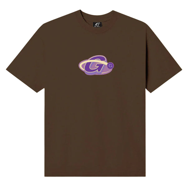A GAS GIANTS brown t-shirt with a purple orbit logo screenprinted on it.