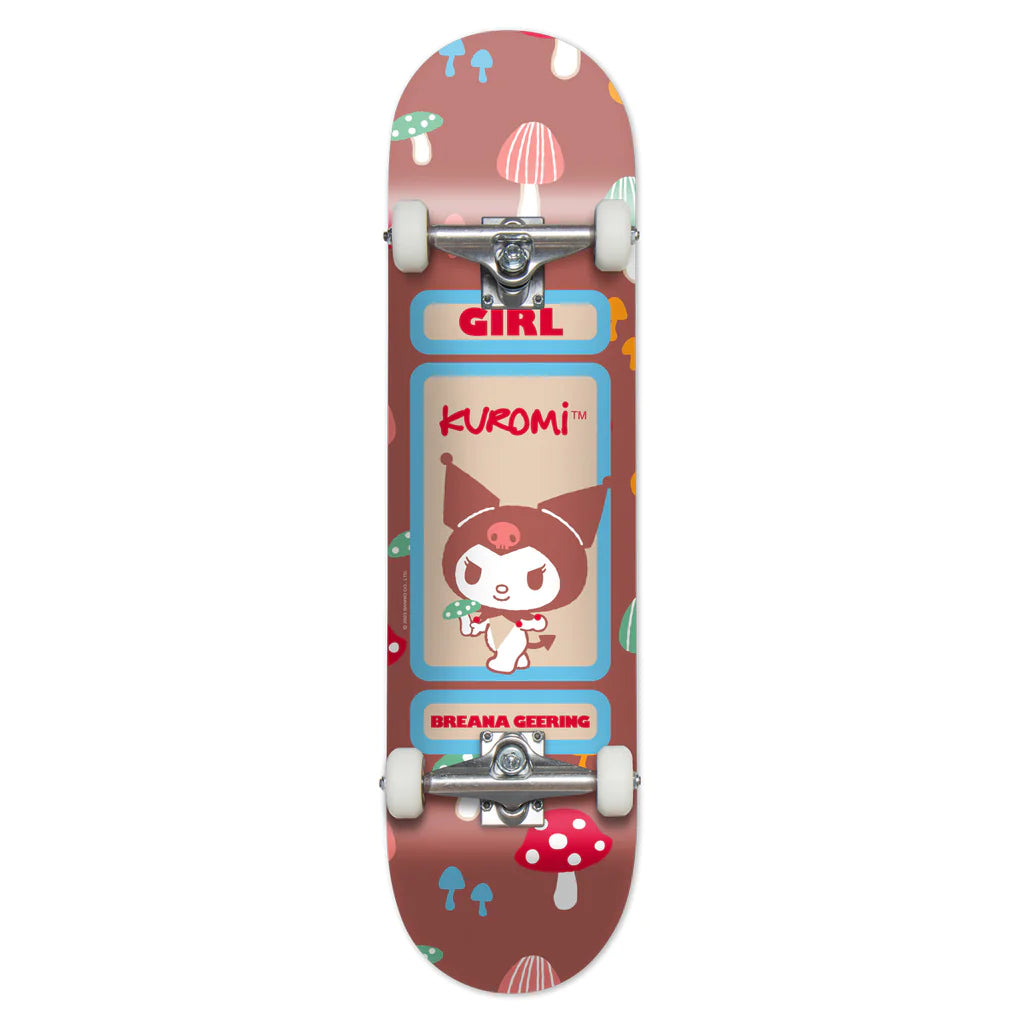 A GIRL skateboard with an image of a girl with mushrooms on it. Additionally, the skateboard features Hello Kitty motif.