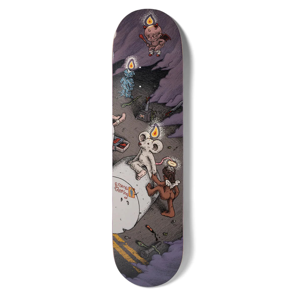 A GIRL GEERING MONUMENTAL skateboard deck featuring cartoon characters.