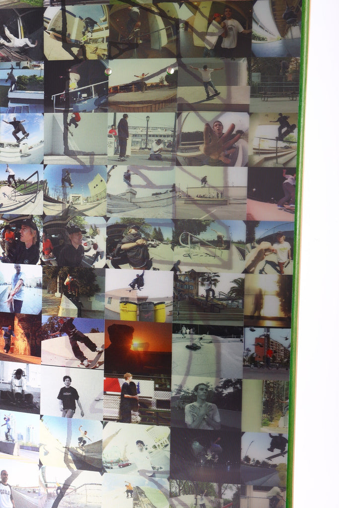 A GIRL YEAH RIGHT 20 YEAR HOLOGRAPHIC skateboard adorned with many pictures, including some featuring Brian Anderson.