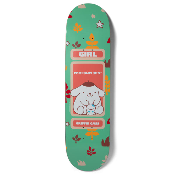 A GIRL skateboard with an image of a girl and Hello Kitty on it, perfect for outings with friends.