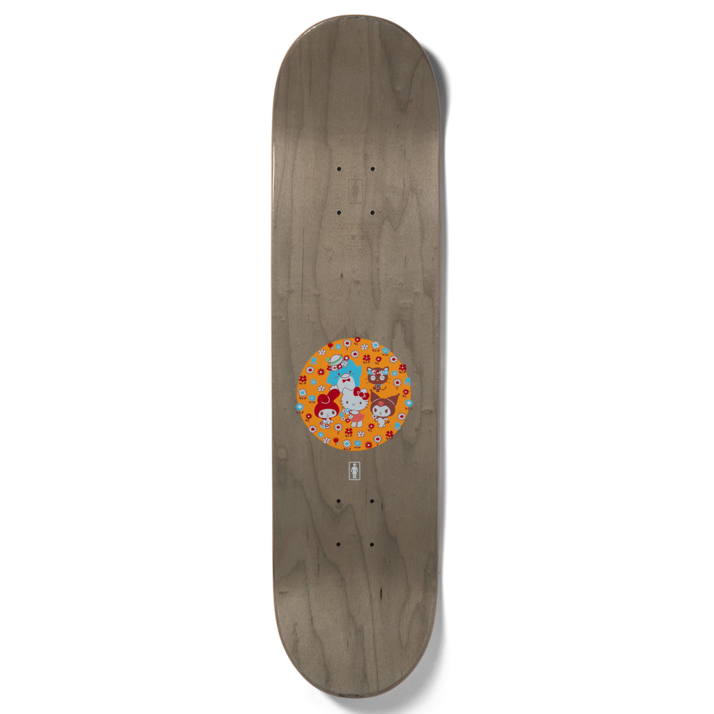 A GIRL skateboard with an orange and blue design featuring Hello Kitty.