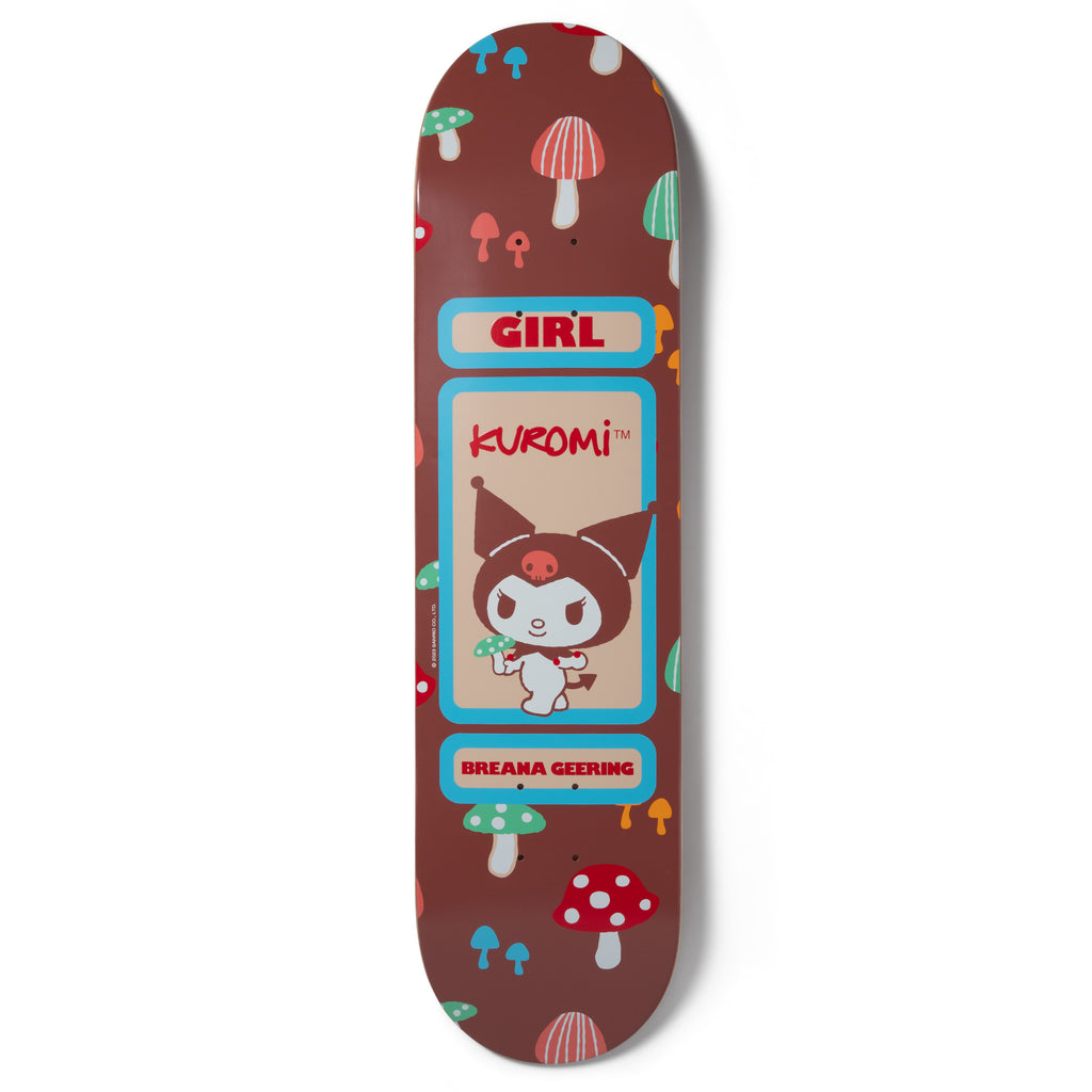 A brown skateboard with an image of a girl with mushrooms on it, featuring the GIRL GEERING HELLO KITTY AND FRIENDS design by GIRL.