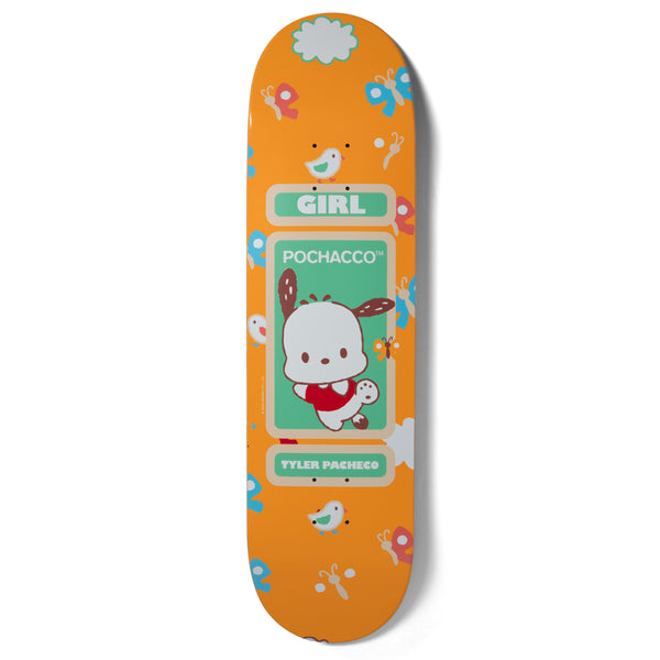 A GIRL skateboard with a Hello Kitty cartoon character on it.