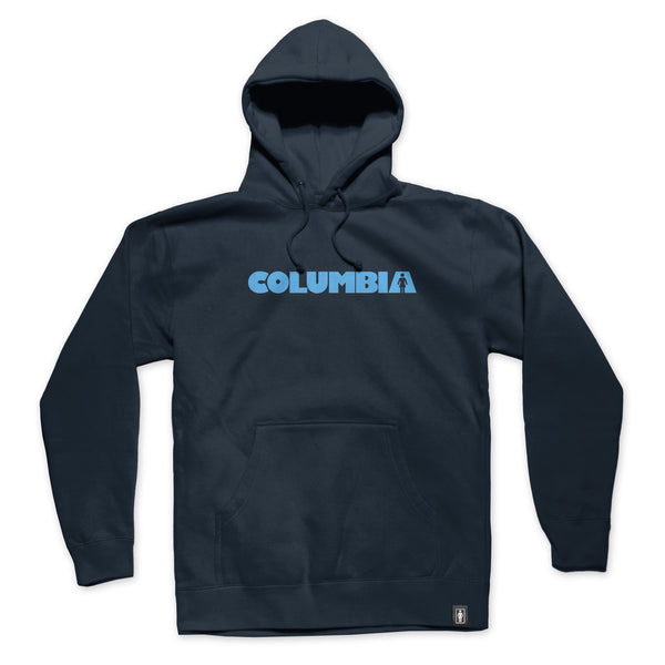 a navy hoodie with the bluetile and Girl collab graphic on the chest