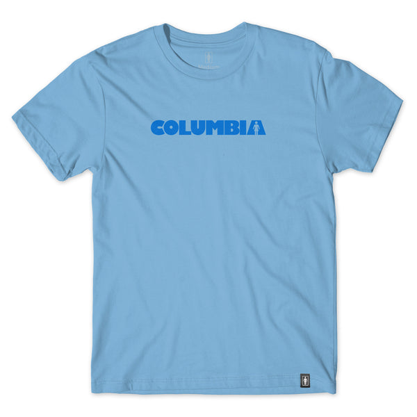 a sky blue t shirt with the bluetile and Girl collab graphic on the chest