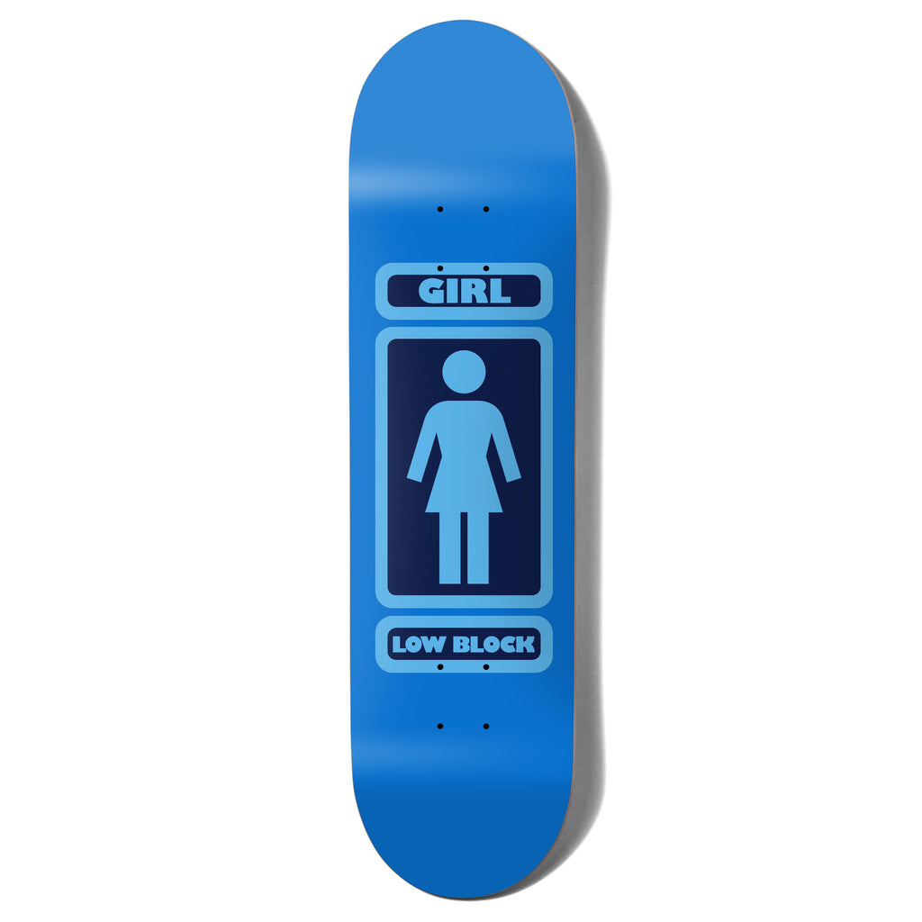 a blue Girl deck that says Low Block under the Girl logo