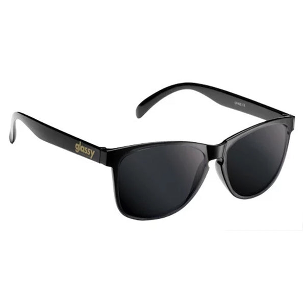 Glassy Deric Polarized Black sunglasses, isolated on a white background.