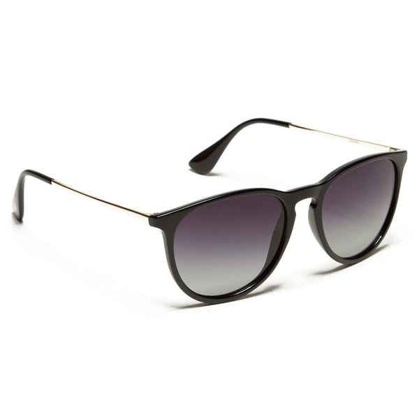 A pair of Glassy Sierra Polarized Black/Gold/Gradiant Smoke sunglasses with tinted lenses and thin metallic arms, isolated on a white background.