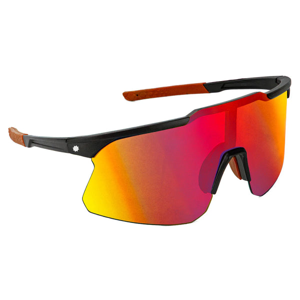 Sport sunglasses with a continuous red-orange reflective polarized lens and black frame, featuring a small star logo on the corner from Glassy Sunhaters Cooper Polarized Black/Red/Red Mirror.