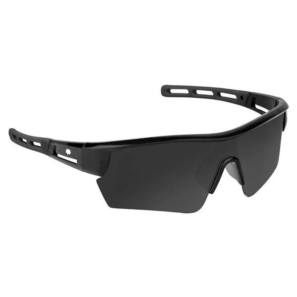 GLASSY WACO BLACK wrap-around sports sunglasses with a sleek, modern design, small white logo on the side, and polarized lenses to protect against UV rays.
