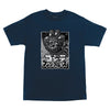 The SANTA CRUZ X GODZILLA HAND TEE NAVY is a stylish navy blue t-shirt from SANTA CRUZ, showcasing a striking black and white graphic of a roaring dinosaur with Japanese text elegantly placed below the design.