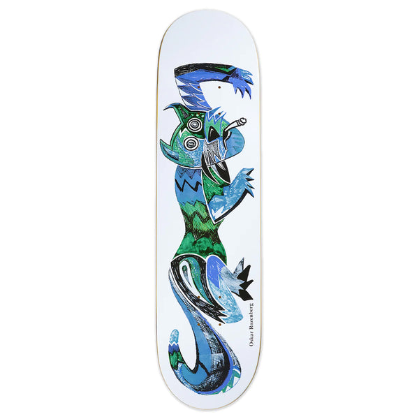 A POLAR skateboard featuring a dragon image.
