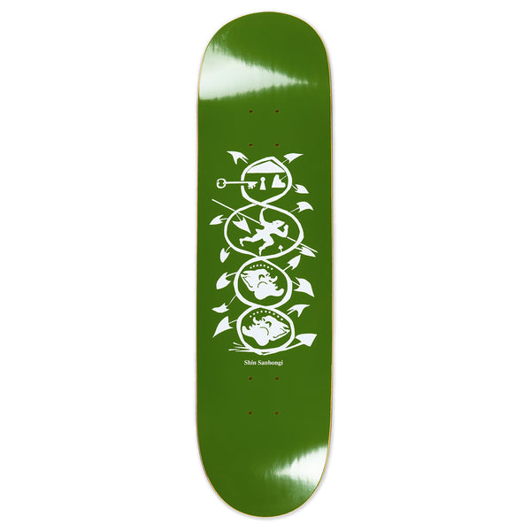 A green skateboard with a white design featuring Dane Brady from POLAR SHIN THE SPIRAL OF LIFE OLIVE.
