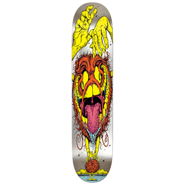 The ANTIHERO GRIMPLE STIX GERWER LONG BOARD features surreal art of a yellow face with open mouth, long tongue, yellow hands, and red hair on a blue platform. At 10.5" wide, it's perfect for your next longboard setup.