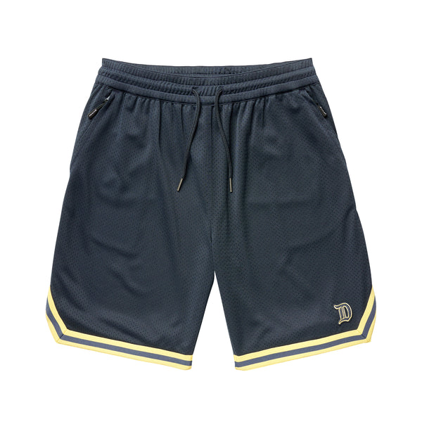 DICKIES Navy blue relaxed fit athletic shorts with drawstring waist and yellow trim.