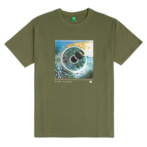 Olive green HABITAT X PINK FLOYD PULSE TEE OLIVE featuring a circular graphic with abstract designs and the text "Pink Floyd" below the image, part of the exclusive Pink Floyd Collection by HABITAT.