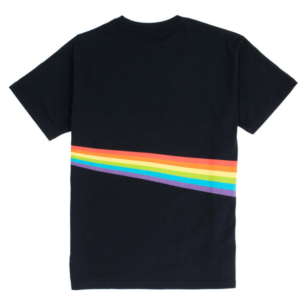 HABITAT X PINK FLOYD DARK SIDE OF THE MOON TEE BLACK with a diagonal rainbow stripe across the lower back, inspired by Pink Floyd Animals album artwork.
