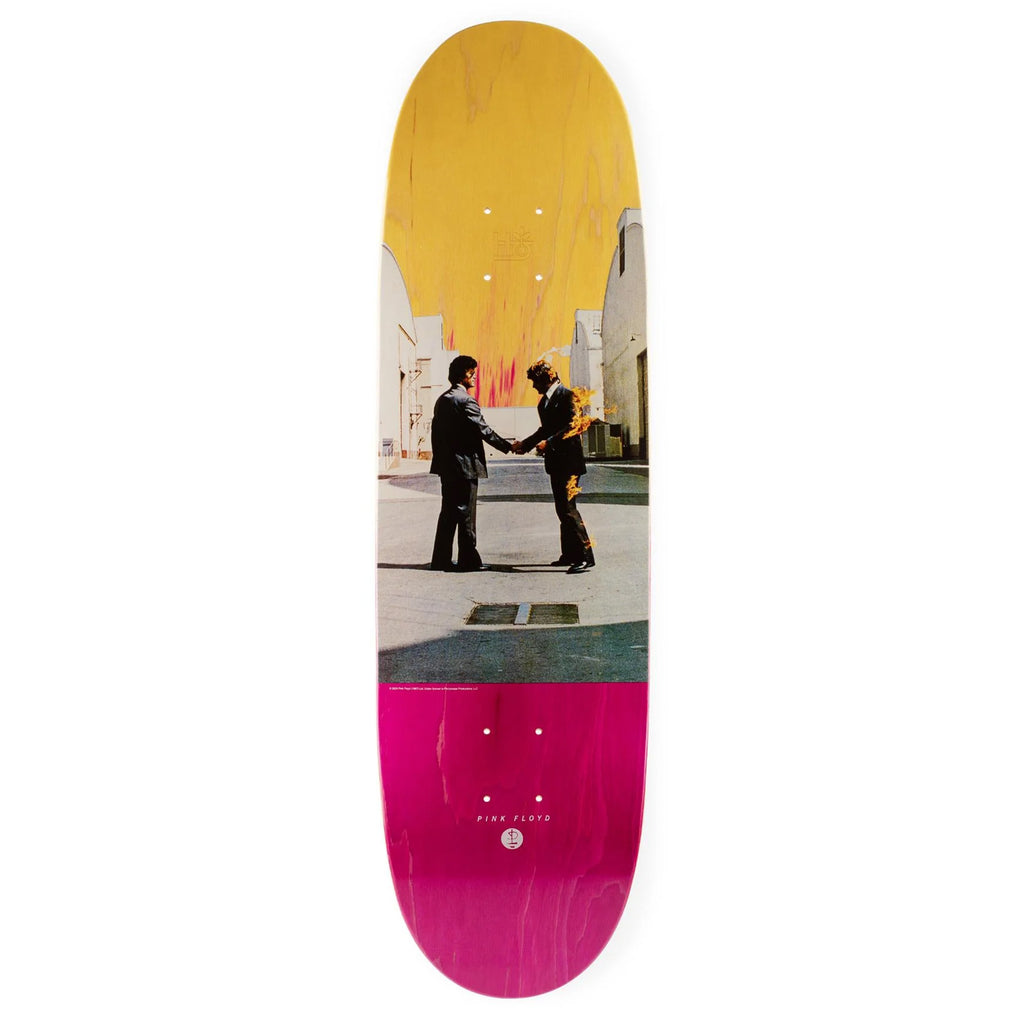 A HABITAT skateboard with a graphic inspired by Pink Floyd's "Wish You Were Here," depicting two individuals engaging in a handshake.