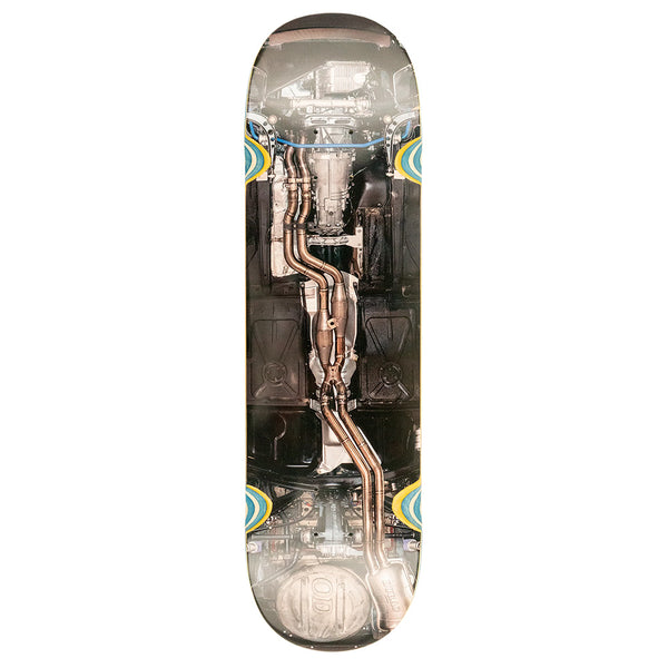 The HARDBODY DURAO CAR UNDERNEATH skateboard deck by HARDBODY measures 8.375" with a 14.375" wheelbase and features detailed car graphics showcasing exhaust pipes and mechanical components on the underside for a stable ride.
