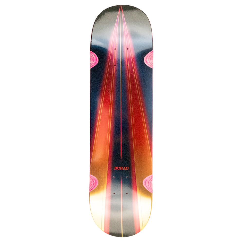 The HARDBODY DURAO CHEVRON skateboard deck by HARDBODY features abstract red and pink gradient chevrons with circular shapes on a dark background. The 8.38" deck displays “DURAO” at the center for a bold, modern look.