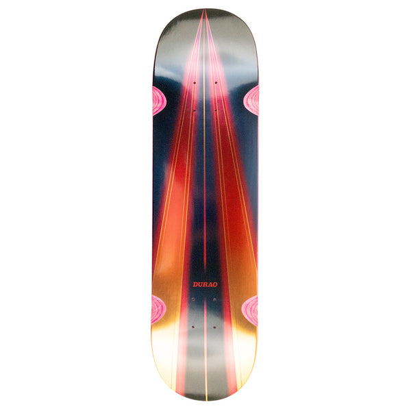 The HARDBODY DURAO CHEVRON skateboard deck by HARDBODY features abstract red and pink gradient chevrons with circular shapes on a dark background. The 8.38" deck displays “DURAO” at the center for a bold, modern look.