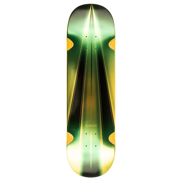 The HARDBODY HJALTE CHEVRON skateboard deck by HARDBODY features a glossy green, yellow, and black geometric design with "HALITE" printed near the center.
