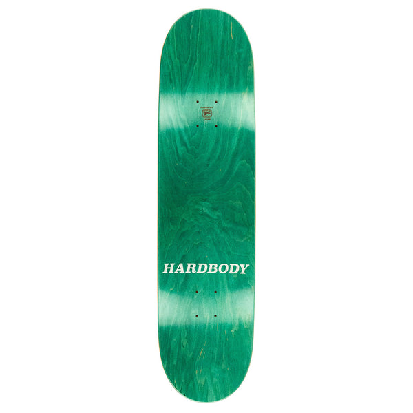 The HARDBODY CHEVRON skateboard deck by HARDBODY is 8.25 inches, features a green natural wood grain with a white tie-dye pattern, and has "HARDBODY CHEVRON" printed in bold white letters.