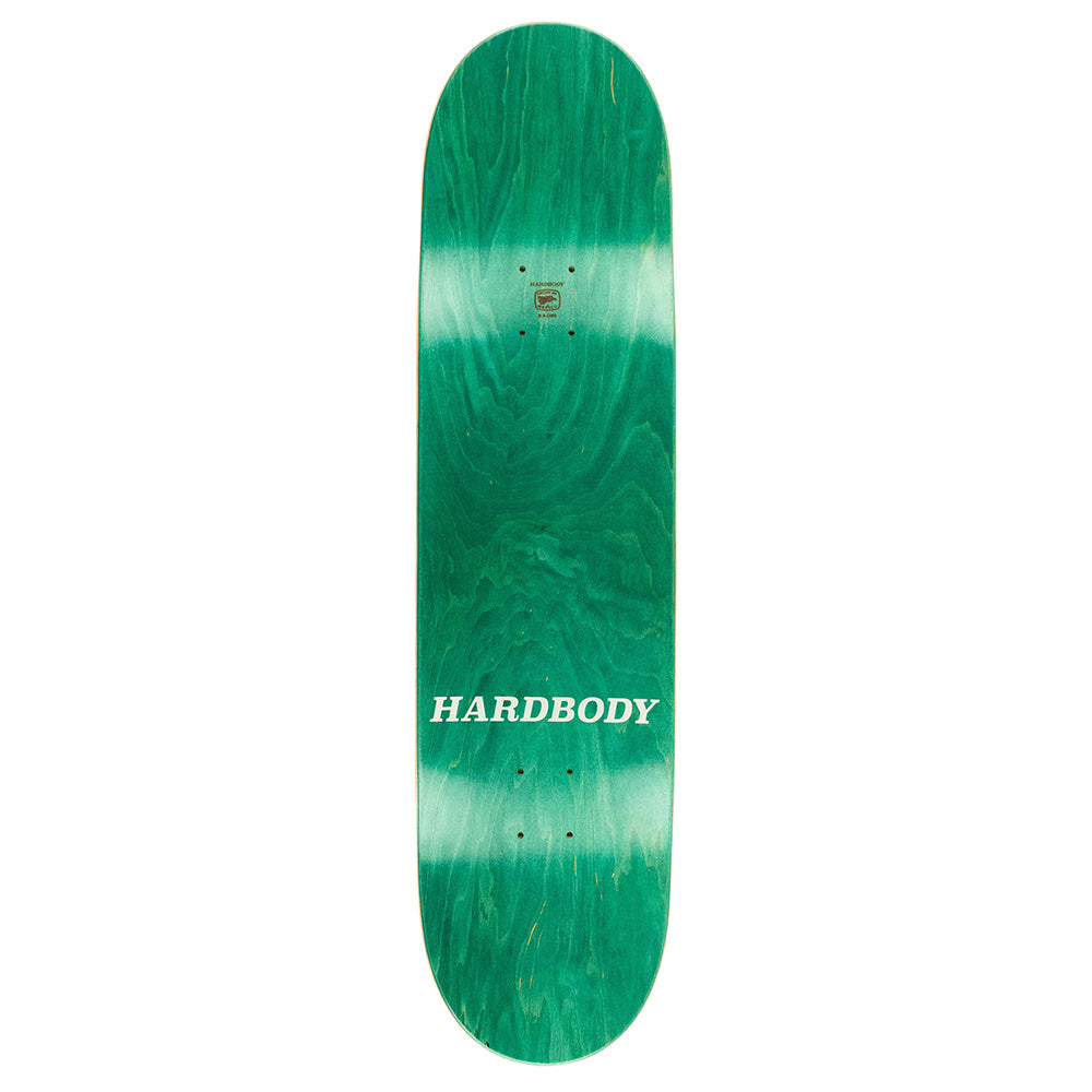 The HARDBODY CLASSIC LOGO BLACK / WHITE skateboard deck, sized 8.25", features a bold white "HARDBODY" logo near the bottom center.