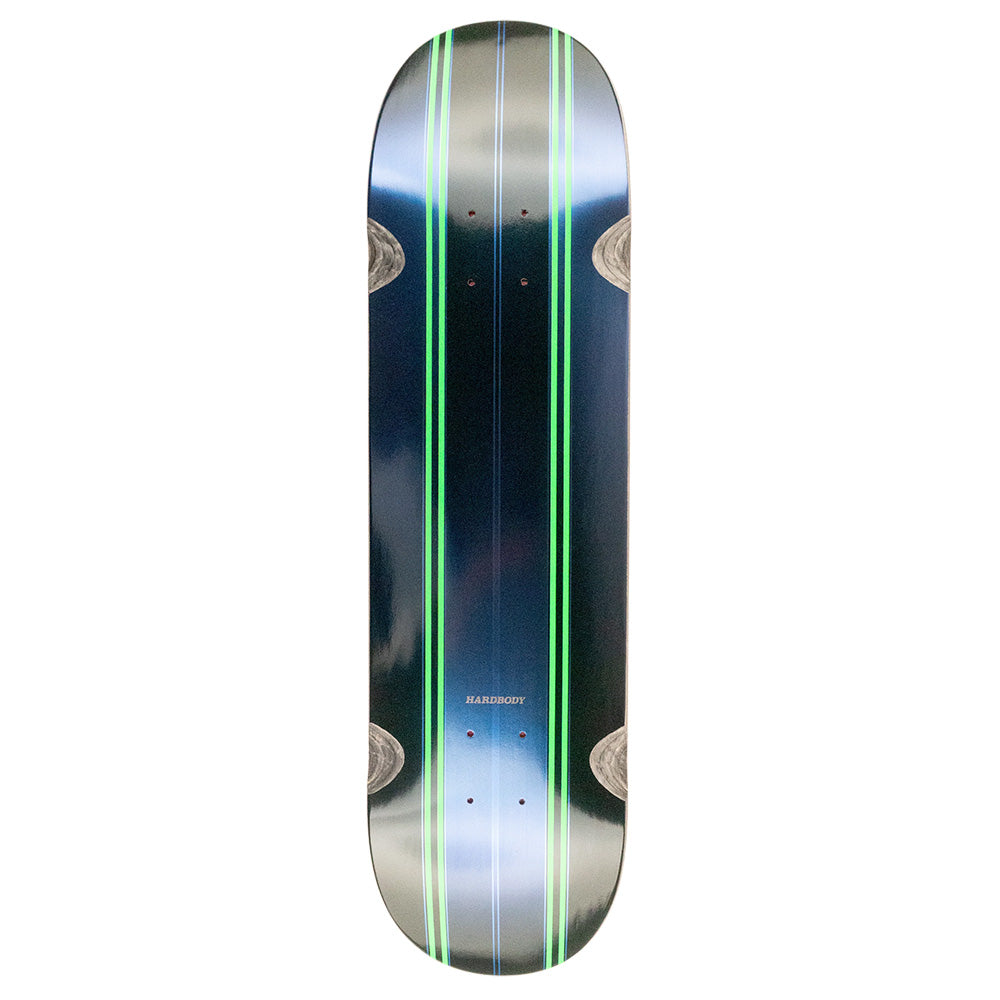 The HARDBODY CHEVRON by HARDBODY is a black 8.25 skateboard deck featuring green and blue vertical stripes plus visible wood grain accents, perfect for any skateboard enthusiast.