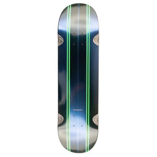 The HARDBODY CHEVRON by HARDBODY is a black 8.25 skateboard deck featuring green and blue vertical stripes plus visible wood grain accents, perfect for any skateboard enthusiast.