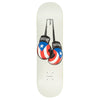 The HARDBODY PR GLOVES 8.25 skateboard deck from HARDBODY features two Puerto Rican flag boxing gloves with "Puerto Rico" text hanging together.