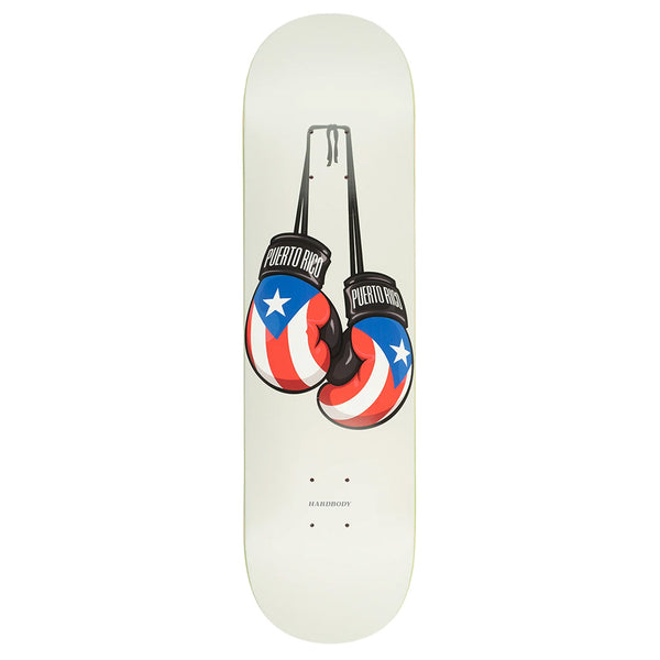The HARDBODY PR GLOVES 8.25 skateboard deck from HARDBODY features two Puerto Rican flag boxing gloves with "Puerto Rico" text hanging together.