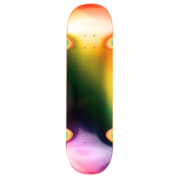 The HARDBODY SABER RAINBOW 8.25-inch skateboard deck by HARDBODY features a colorful gradient design with soft orange, green, purple, and yellow hues and two circular patterns near each end.