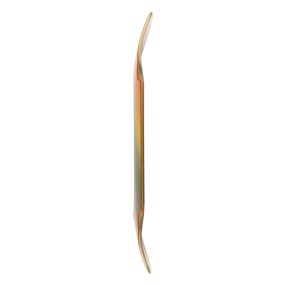 The HARDBODY SABER RAINBOW skateboard deck by HARDBODY is displayed from the side, showcasing its concave profile and multi-layered construction.