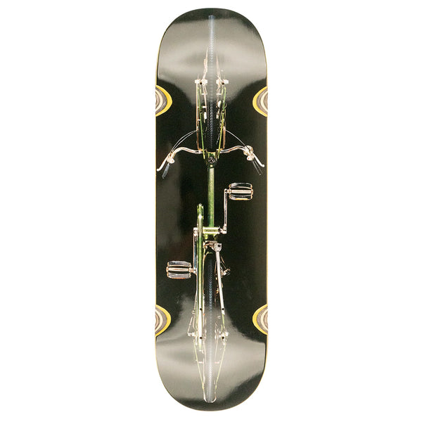 The HARDBODY HJALTE BIKE UNDERNEATH is an 8.5 skateboard deck by HARDBODY, showcasing a mirrored HJALTE BIKE graphic on a sleek black background.