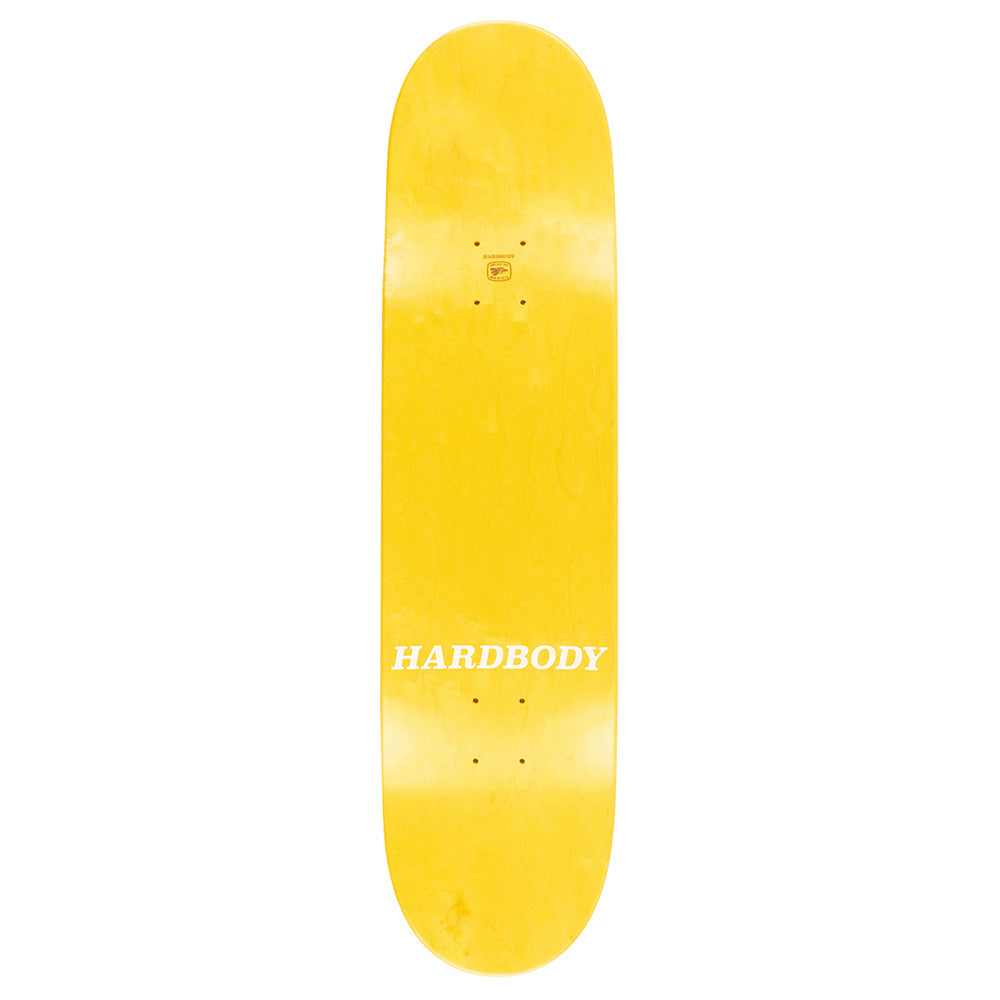 A natural veneer HARDBODY OD FLAME 8.25" skateboard deck with "HARDBODY" printed in white near the center.