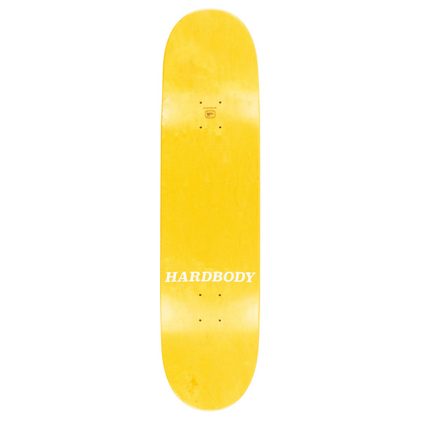 A natural veneer HARDBODY OD FLAME 8.25" skateboard deck with "HARDBODY" printed in white near the center.