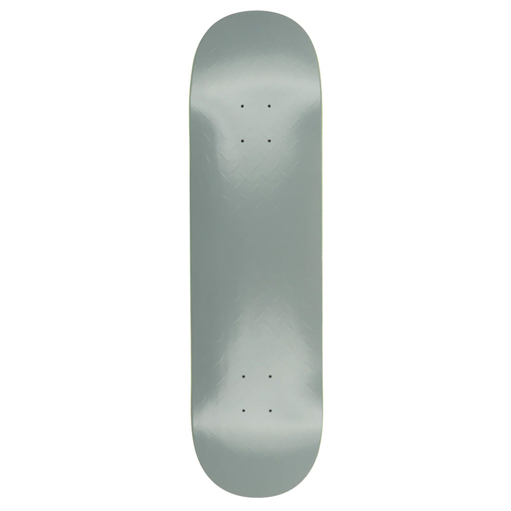A HARDBODY DIAMOND PLATE GREY 8.25" skateboard deck, viewed from above, features eight truck mounting holes and a subtle concave at both ends.