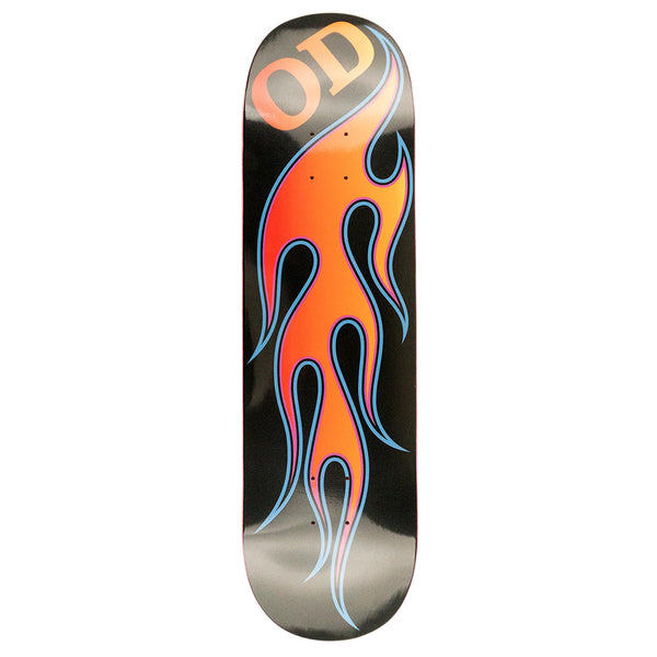 The HARDBODY OD BLACK FLAME skateboard deck showcases striking "OD" text and a bold flame graphic on black, sized at 8.5 inches for top-notch control and style.