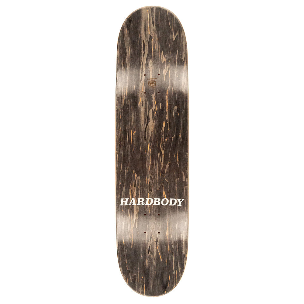 The HARDBODY OD BLACK FLAME is an 8.5-inch wooden skateboard deck featuring a dark, streaked finish with "HARDBODY" printed in white near one end.