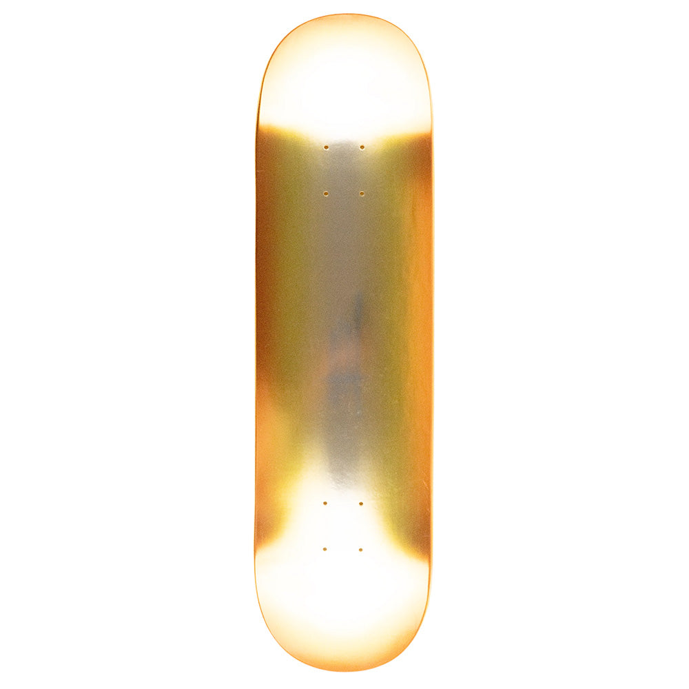 An 8.5" HARDBODY SABER YELLOW skateboard deck by HARDBODY, featuring a reflective metallic gold finish, is displayed from above against a white background.