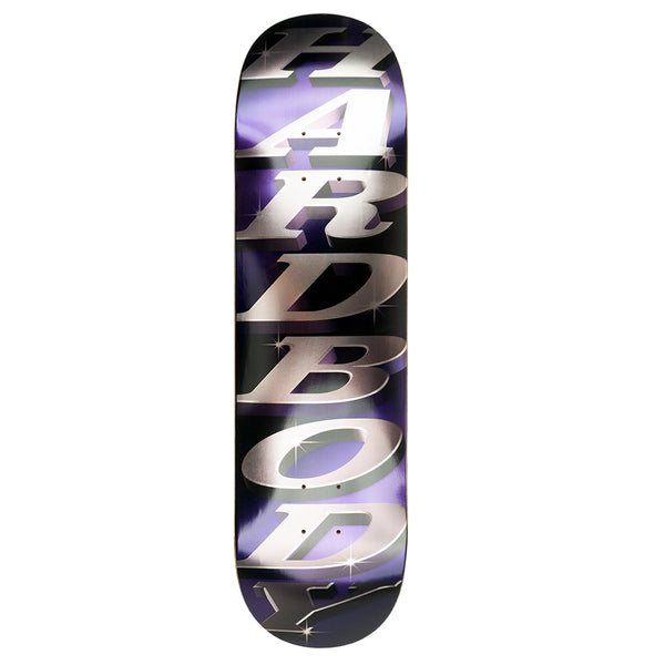 The HARDBODY STACKED LOGO 8.25" skateboard deck features metallic silver HARDBODY text on a black and purple foil background, blending bold style with top performance.