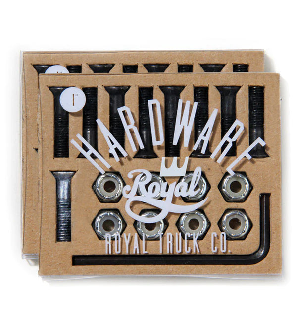 A cardboard box containing a set of ROYAL nuts and bolts, accompanied by an Allen Key hardware tool for 7/8" fasteners.
