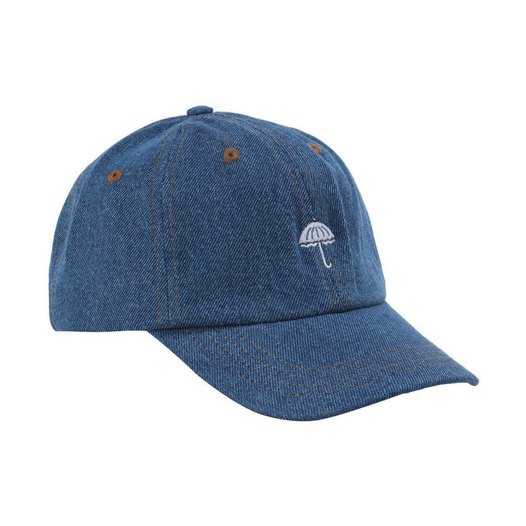 Light blue denim cap featuring a small, embroidered umbrella logo on the front. This is the HELAS CLASSIC DENIM CAP LIGHT BLUE by HELAS.