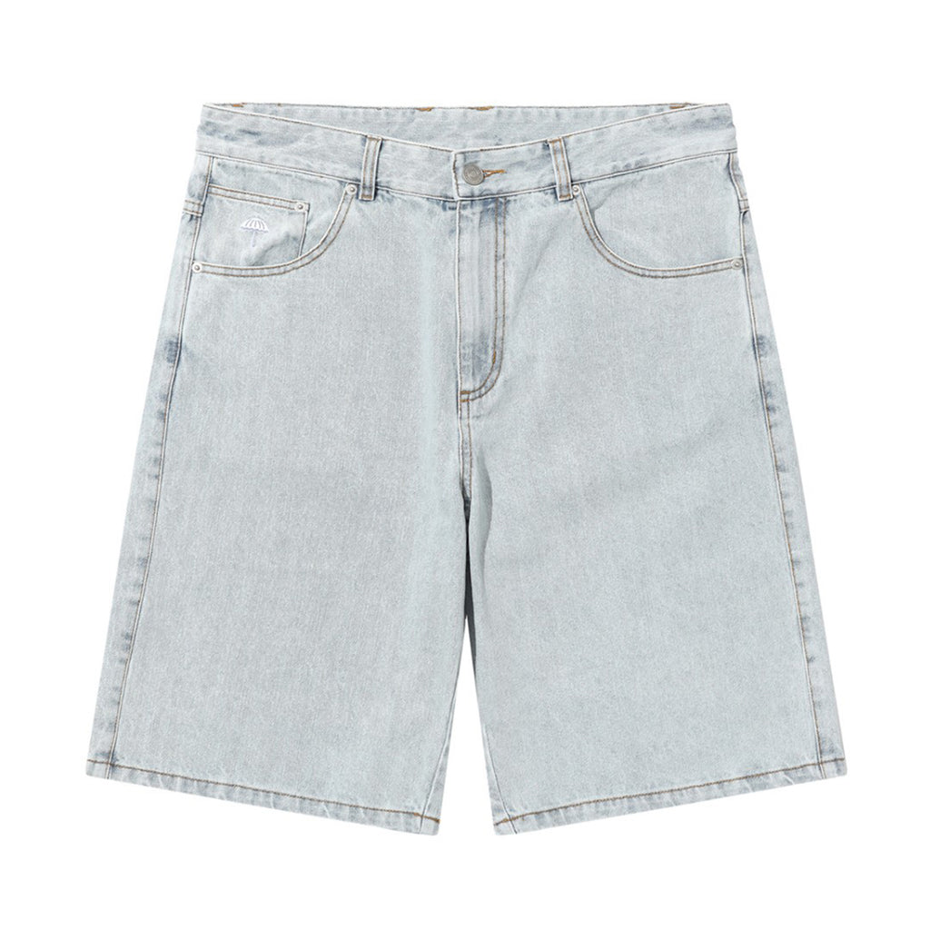 Light blue denim shorts with front and back pockets, belt loops, and a zip fly with a button closure, featuring a HELAS embroidered logo. Product Name: HELAS DIEU GREC JEAN SHORT LIGHT BLUE. Brand Name: HELAS