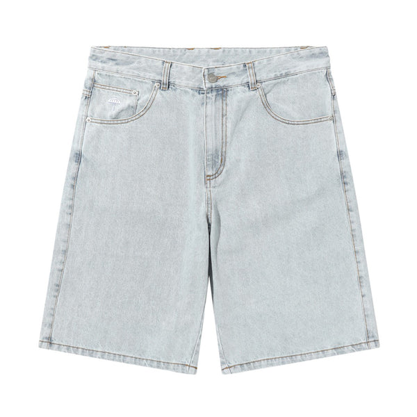 Light blue denim shorts with front and back pockets, belt loops, and a zip fly with a button closure, featuring a HELAS embroidered logo. Product Name: HELAS DIEU GREC JEAN SHORT LIGHT BLUE. Brand Name: HELAS